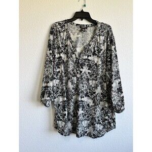 Linda Matthews Women's Black White Floral Henley Blouse 3/4 Sleeve Size 3X